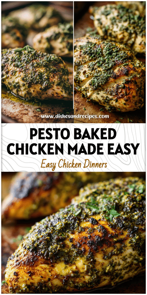 Golden oven baked chicken breasts topped with pesto and herbs on a rustic baking tray